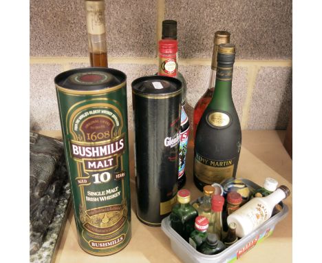 Bushmills Malt Irish Whiskey, 70cl, Glenfiddich Scotch whiskey. 35cl, Cassis Crème de Cassis de Dijon, 70cl, Martell fine cog