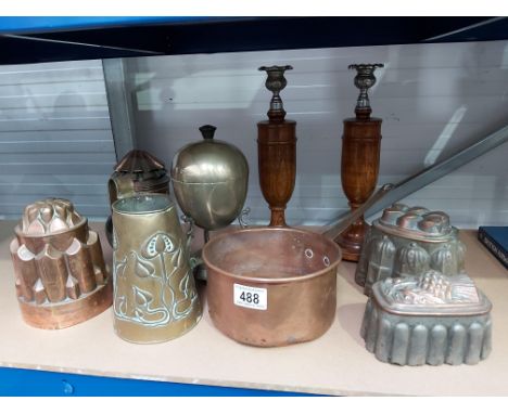 Metalware including copper jelly moulds, lantern, egg warmer, oak candlesticks etc