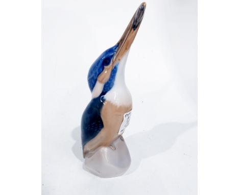 A Royal Copenhagen figure of a kingfisher, model 2257, modelled on a rock with fish in its beak