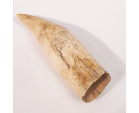 An early 19th century Scrimshaw whale tooth carving, decorated with portrait of Napoleon to one side, the reverse with a girl