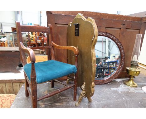 A child's armchair of Regency design, a flower piece firescreen, and a circular wall mirror with scroll carved frame (3) 