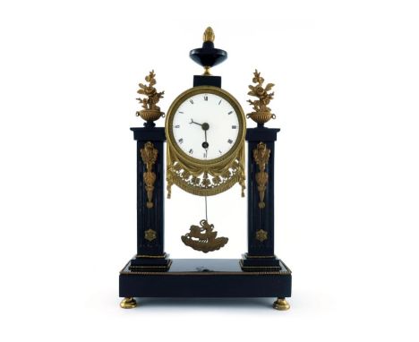 A 19th Century painted black slate bracket clock, of Baroque design with a pineapple urn and floral vase finials, white ename