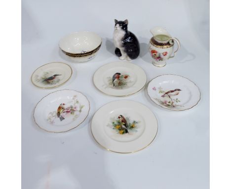 W. Powell for Royal Worcester, five painted bird plates, kingfisher, gold finch, pied flycatcher, and bullfinch, together wit