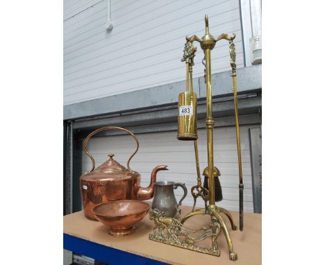 Brass and copper ware including fire companion set stand marked Hale, large copper kettle, Arts &amp; Crafts style footed bow