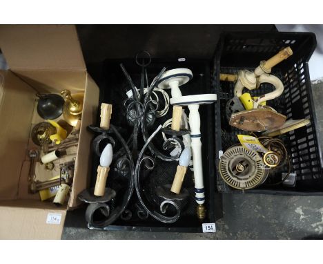 Various light fittings and lamps including wall bracket, twin branch examples, lacquered table lamp etc  (3 boxes)