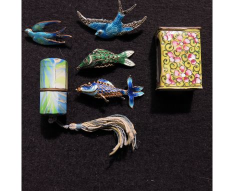 Two enamelled reticulated fish pendants, together with a enamelled and marcasite set swallow brooch, another example, a match