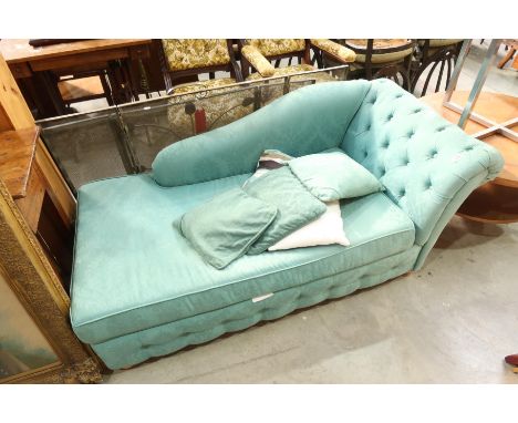 A green damask chaise, with button end. Width 165cm.