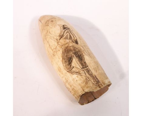 An early 19th century Scrimshaw whale tooth carving, decorated with portrait of Lord Byron, the reverse decorated with a woma