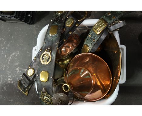 A collection of brass and copper ware including a copper bed warmer, a copper Swift Sure Vacuum washer, leather martingales w