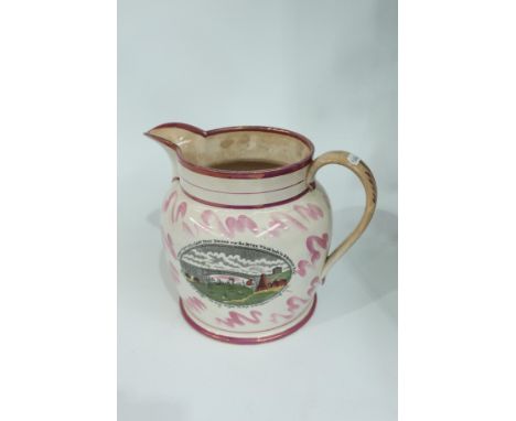 A large 19th Century Sunderland lustre jug, handcoloured cartouche titled 'A West View of the Cast Iron Bridge over the River