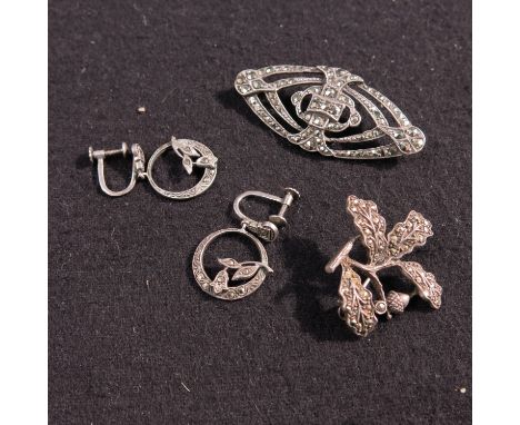 Two Art Deco Marcasite brooches, together with two similar earrings (4)