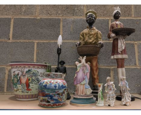 Assorted ceramics including Continental figures, Chinese vase and pot and cover, and a blackamoor table lamp (9)