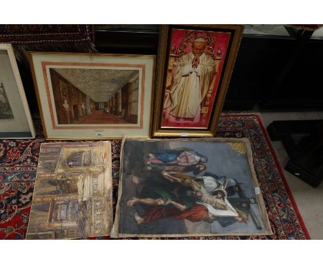 An oil of the Deposition of Christ, a watercolour of 'Long Gallery, Aston Hall', a watercolour of tombs inside a cathedral, a