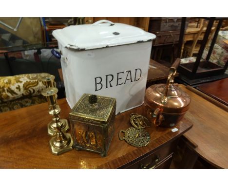 A vintage enamel bread bin and cover, a tripod oil floor lamp, with various other brass and copper