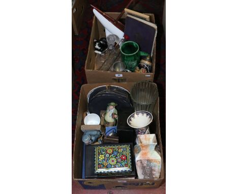 Two boxes of miscellaneous including a German beer stein, glass decanter and drinking vessels, model of a yacht, vintage glas