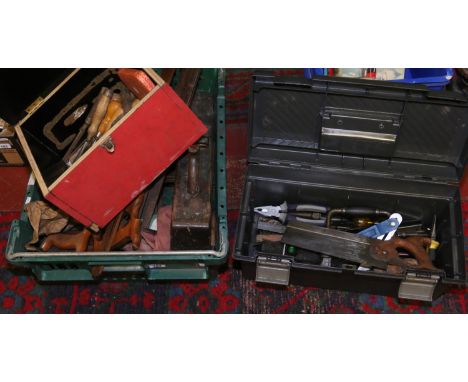 Three boxes of tools, planes, saws, spanners, chisels etc.