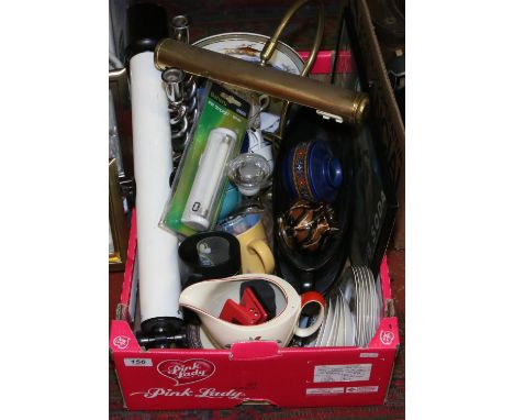 A box of miscellaneous to include brass reading lamp, telescope, glass Americas cup decanter, Crown Devon cabinet plate etc.