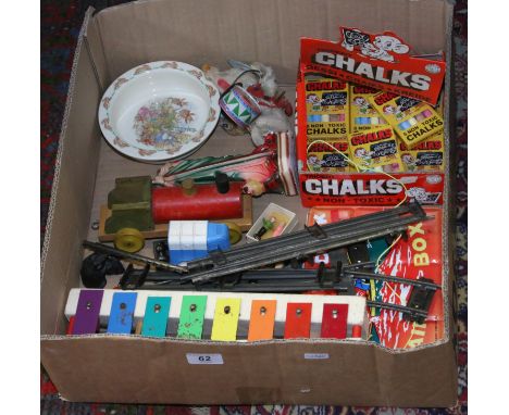 A box of childrens games and collectables including Doulton Bunnykins dish, xylophone and o gauge model train track etc.