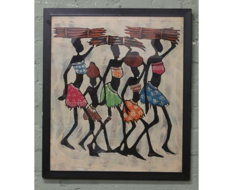A framed Batik African print on fabric of tribal women.