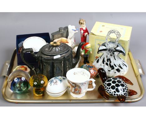 A tray of collectable ceramics and glass to include Royal Worcester figural model with perched parakeet, Royal Doulton Pooh f