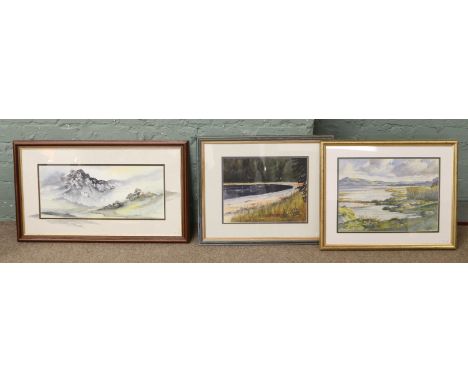 Three framed water colours; a coastal scene signed Denise Mottle another coastal scene signed J. R. Walker and a mountainous 