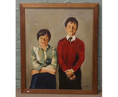 Henry Mee (British b.1955) large framed oil on canvas portrait of a mother and son. The Parliamentry Works of Art Committee c