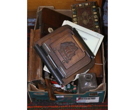 A box of collectables including an oak letter rack, oak crucifix, music stand, matchbox Diecast model car etc.