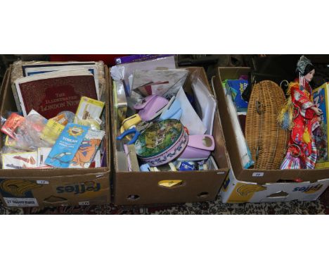 Three boxes of miscellaneous including paper craft accessories and tools, photograph albums, wicker fruit baskets, Viz annual