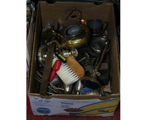 A box of metalwares and tools to include files, drivers bit and brace block planes etc.