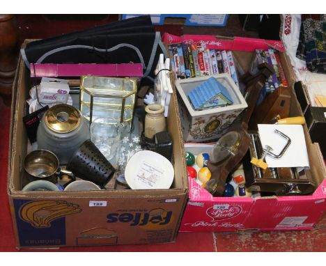 Two boxes of miscellaneous to include kitchenalia, metronome, banjo barometer, billiards balls, collection of DVDs etc.