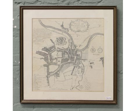 A framed printed plan of Sheffield after the original survey by R. Gosling 1736.