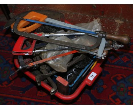 Please note that this lot is subject to VAT on the hammer price. A box of assorted tools, hacksaws spanners various pullers e