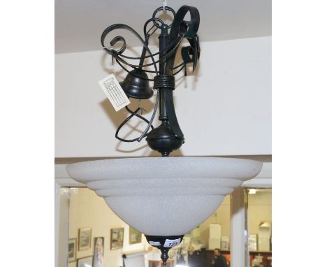 A blue/black wrought iron and wire work ceiling light with dome milchglas shade.
