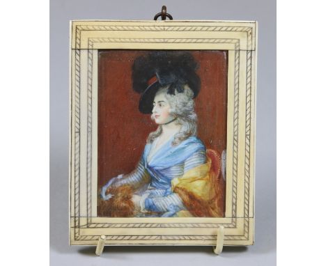 An antique ivory portrait miniature of a lady, probably after Gainsborough.