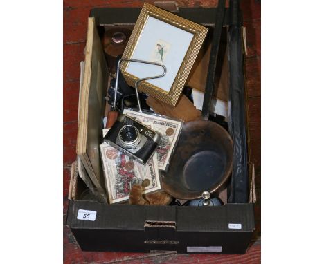 A box of vintage collectables including cameras, fishing reel, a Vibra-Slap II musical instrument, pre-decimal coins, sketch 
