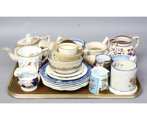 A tray of mixed C19th pottery and porcelain including Staffordshire porcelain, Sunderland lustre and frog mug etc.