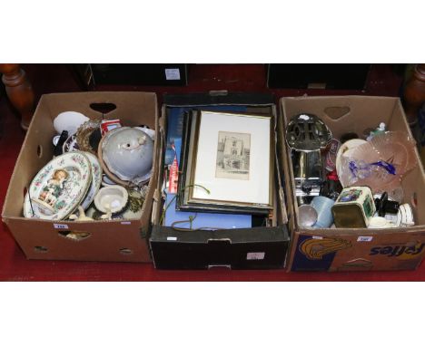 Three boxes of miscellaneous glass and books to include Hummel figurine, Art glass model of a dolphin and candlestick etc.