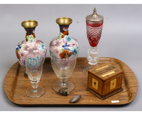 A tray of collectables including silver topped ruby glass goblet, marquetry cigarette dispenser, pair of Chinese cloisonne va