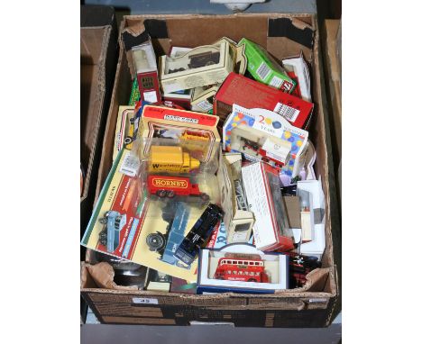 A box of die cast model vehicles including Lledo, Matchbox etc