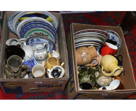 Two boxes of mixed ceramics to include Crown Devon, Poole, advertising jugs, preserve jars etc.