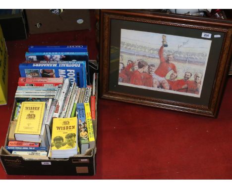 A box of cricket and football books to include football annuals, Wisden Cricketer Almanacks etc, along with a signed print of