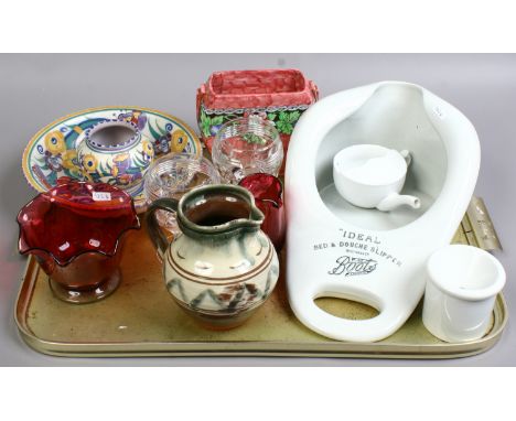 A tray of collectables to include Victorian cranberry glass, starter stables and Adams Poole ware, Mailing Lustre vase, Boos 