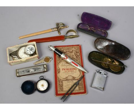 A small box of collectables including pocket damp detector, tuning tonk compass, Joseph Rodgers bowie type paper knife, harmo