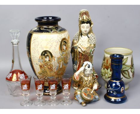 A collection of ceramics and glassware to include a large Japanese high shouldered Satsuma vase, two oriental figures, ruby f