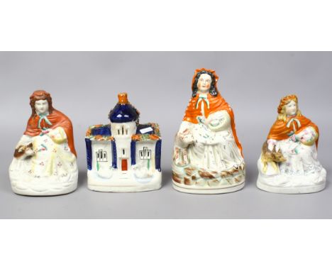 A Victorian Staffordshire figure of Little Red Riding Hood, two coloured bisque examples and a Staffordshire model of a house