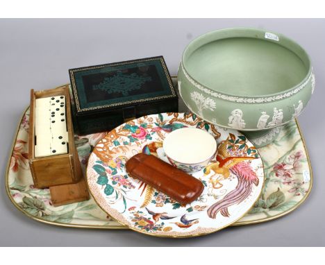 A tray of collectables including a Wedgwood Jasperware bowl, Poole, Royal Crown Derby plate, vintage dominoes, leather cigar 