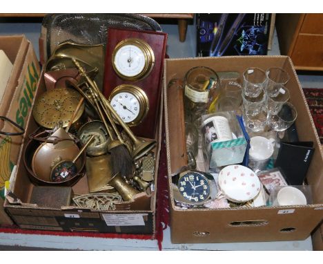Two boxes of mixed metalwares and collectables including silver plate, brass fireside companion set, copper pan, barometer/cl