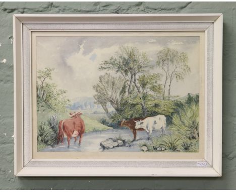 R. B. Close. A framed watercolour depicting cattle in a river landscape 1969.