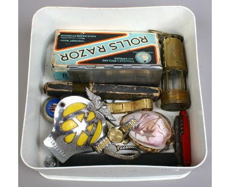 A box of collectables to include rolls razor, Mosda automatic lighter case, A A badge, Ingersoll pocket watch etc.