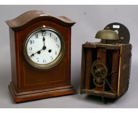 An Edwardian inlaid mahogany mantel clock and wall clock movements both (AF).
